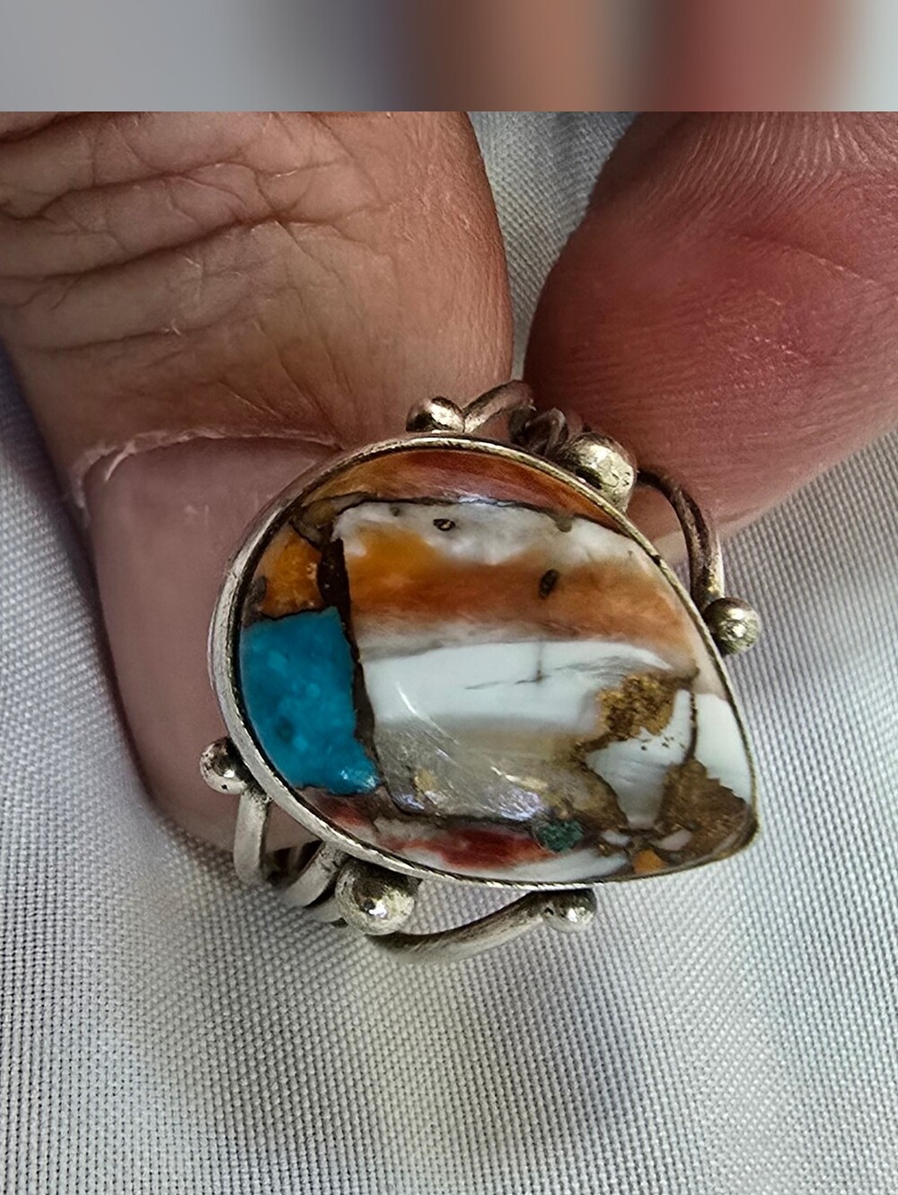 Sterling Silver (925) Teardrop Spiny Oyster & Copper Turquoise Composite Stateme - Picture 2 of 8